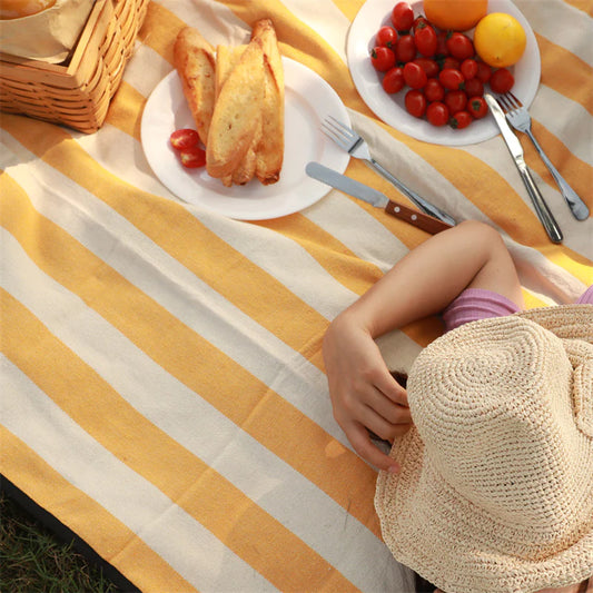 Yellow Stripe Picnic Blankets Waterproof Large, Sandproof Backing Portable Blanket