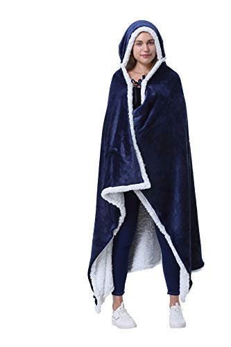 Navy Fleece Hooded Wearable Poncho Blanket with Pockets