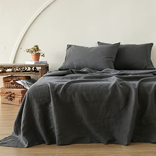 Simple&Opulence 100% French Linen Pillowcase Queen Size-Set of 2- Washed Solid Color Pillow Cases Embroidered -Soft and Durable (Dark Grey, 20''x30'')
