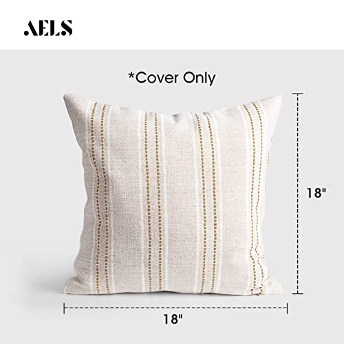AELS 18x18 Decorative Farmhouse Linen Throw Pillow Covers, Boho Textured Pillow Case, Set of 2, Beige with White & Brown Stitch Yarn Dyed Stripe Cushion Cover for Sofa Couch Living Room (Cover ONLY)