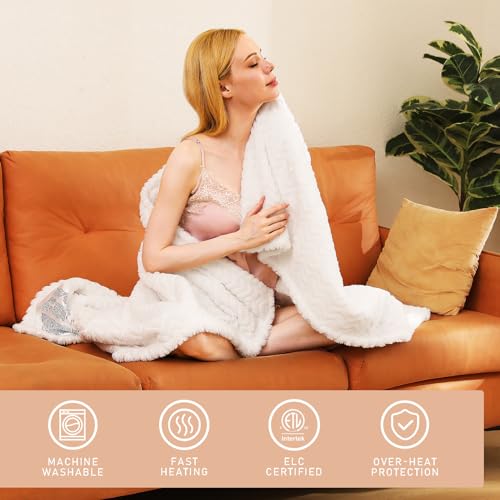 White Soft Faux Fur Electric Throw, Heated Sherpa Blanket - 50x60 inches