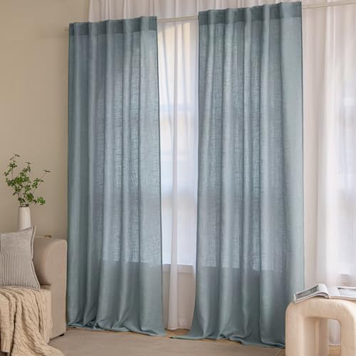 MIULEE Dusty Blue Linen Curtains 84 Inch Length 2 Panels for Bedroom Living Room, Soft Thick Linen Textured Window Drapes Semi Sheer Light Filtering Back Tab Rod Pocket Burlap Look Light Blue Decor