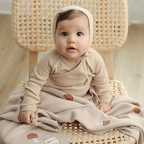 Blue Mushroom Cottagecore Knit Unisex Baby Swaddling Blanket - 100% Cotton