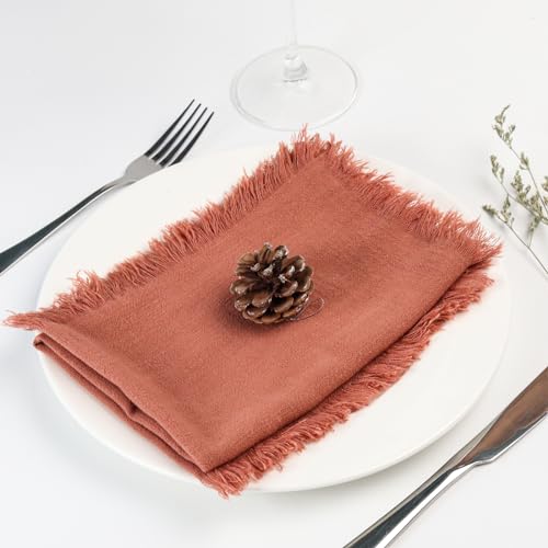 Dololoo Handmade Cloth Napkins with Fringe,18 x 18 Inches Cotton Linen Napkins Set of 4 Versatile Handmade Square Rustic Fringe Napkins for Dinner, Wedding and Parties, Rose