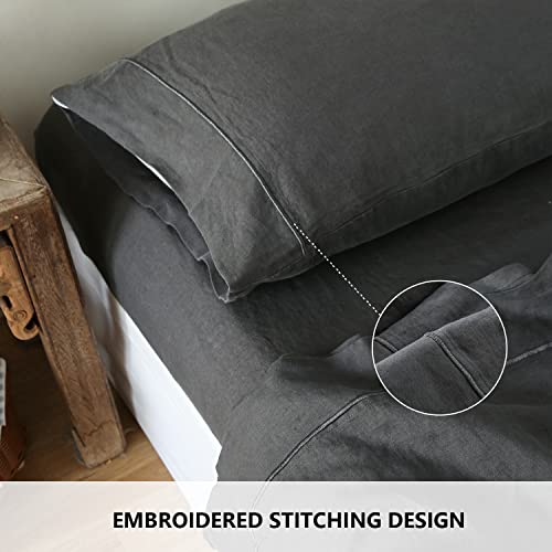 Simple&Opulence 100% French Linen Pillowcase Queen Size-Set of 2- Washed Solid Color Pillow Cases Embroidered -Soft and Durable (Dark Grey, 20''x30'')