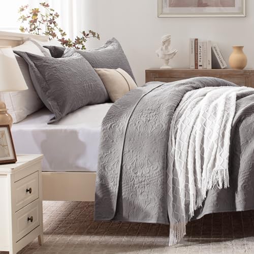EXQ Home Quilt Set Full Queen Size Grey 3 Piece,Lightweight Soft Coverlet Flower Pattern Bedspread Set for All Season(1 Quilt,2 Pillow Shams)
