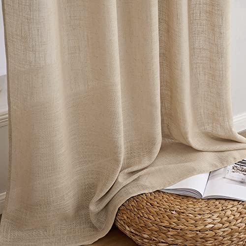 MIULEE Camel Beige Linen Curtains 84 Inch Length for Bedroom Living Room, Soft Thick Linen Textured Window Drapes Semi Sheer Light Filtering Back Tab Rod Pocket Burlap Look Farmhouse Decor, 2 Panels