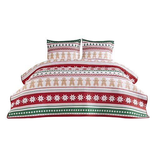 Bedsure Christmas Quilt Set Queen - Red Quilt for Queen Size Bed, Gingerbread Man Striped Printed Pattern Christmas Bedding Set - Soft Microfiber Lightweight Coverlet Bedspread (90"x96", 3 Pieces)