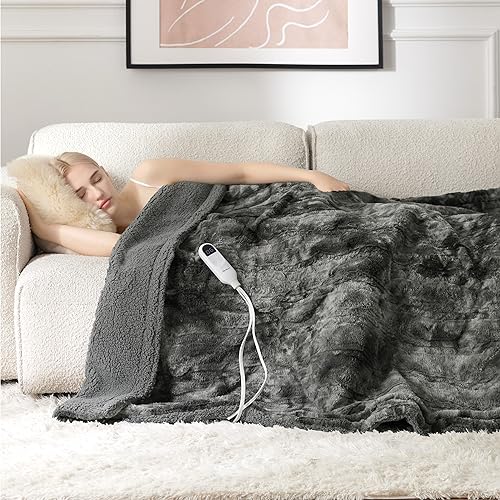 Grey Soft Faux Fur Electric Sherpa, Heated Blanket - 50x60 inches