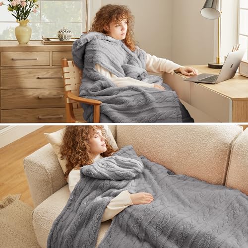 Grey Hooded Wearable Poncho Blanket, Sleeveless