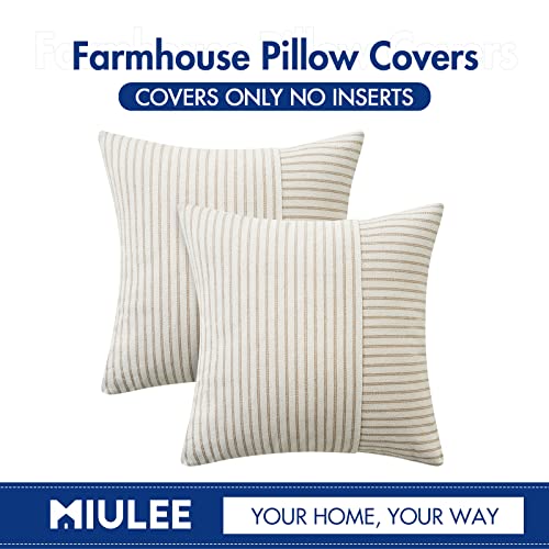 MIULEE Khaki and Beige Patchwork Farmhouse Pillow Covers 18x18 Inch, Pack of 2 Striped Linen Decorative Modern Accent Pillow Cases for Sofa Couch Bedroom