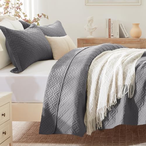 EXQ Home Quilt Set Full Queen Size Grey 3 Piece,Lightweight Soft Coverlet Squares Pattern Bedspread Set for All Season(1 Quilt,2 Pillow Shams)