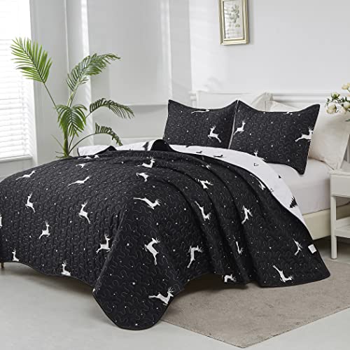 LAMEJOR Christmas Quilt Set Queen Size Black/White Reversible Reindeer/Christmas Tree Pattern Soft Lightweight Bedspreads Coverlet Holiday Season