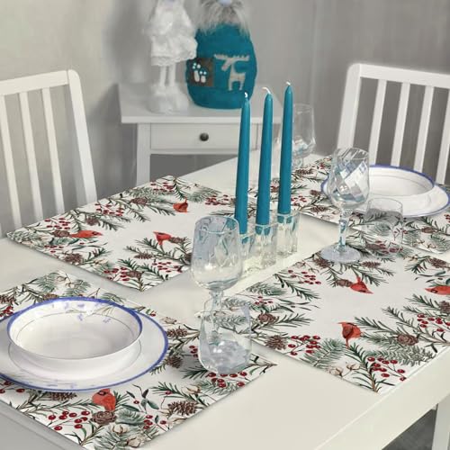 Seliem Winter Cardinal Birds Placemats Set of 4, Red Berries Branch Pine Cone Cotton Vintage Dining Table Place Mats, Seasonal Christmas Holiday Kitchen Decor Home Decoration 12 x 18 Inch