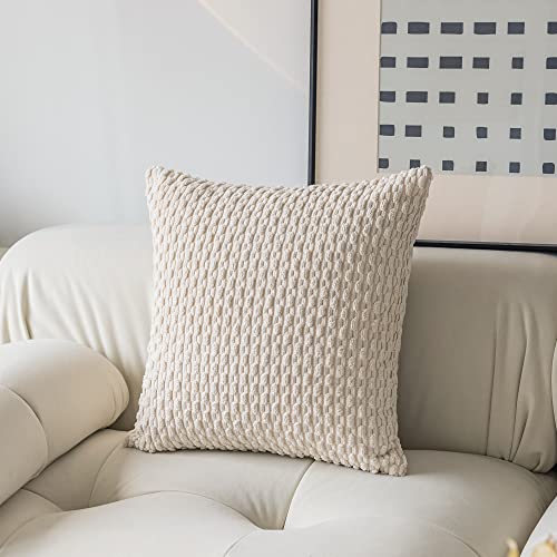 Kevin Textile Pillow Covers Decorative Set of 2 Striped Corduroy Plush Velvet Pillowcases Cushion Cover for Couch, 18x18 inch, Cream