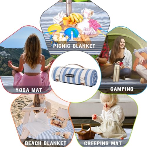 Blue Stripe XL Waterproof Portable Picnic Blanket Beach Mat with Carry Strap