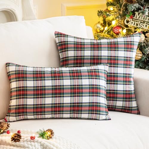 AQOTHES Pack of 2 Christmas Plaid Decorative Throw Pillow Covers Scottish Tartan Cushion Case for Farmhouse Home Holiday Decor Red and White, 18 x 18 Inches