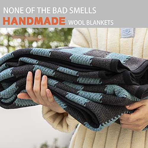 PuTian Merino Wool Blanket - 87" x 63" Thick Warm Soft Large Bed Throw - Great for Camping, Outdoors, Travel, Car, Couch, All Seasons Blue Stripe