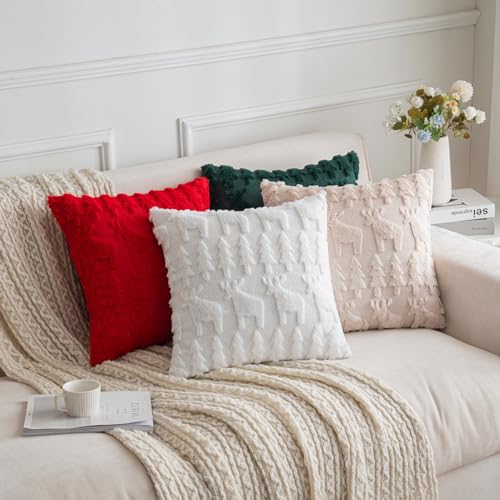 SHITURRE Beige Christmas Tree and Reindeer Decorative Throw Pillow Covers 18"x18", 2 Packs Soft Plush Square Pillow Cover with Embroidery for Home Decor, Holiday Cushion Cases for Bed Living Room