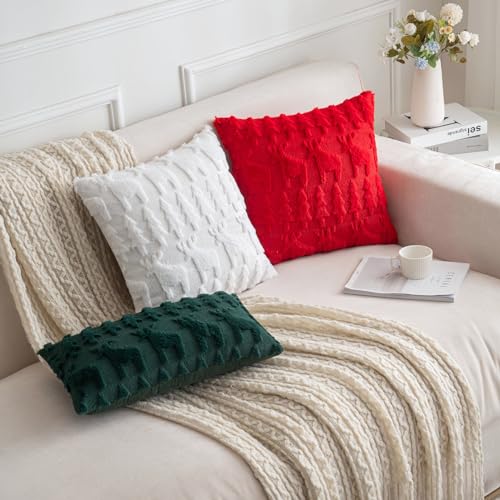 SHITURRE White Christmas Tree and Reindeer Decorative Throw Pillow Covers 18"x18", 2 Packs Soft Plush Square Pillow Cover with Embroidery for Home Decor, Holiday Cushion Cases for Bed Living Room