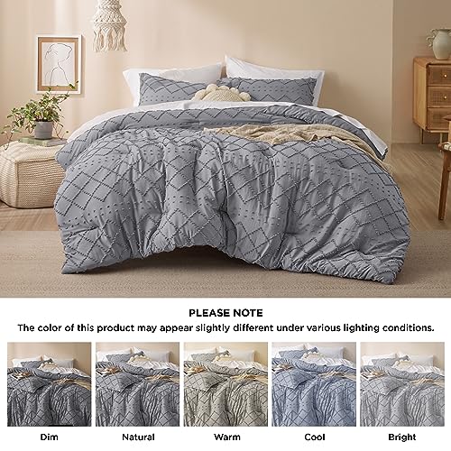 Bedsure Queen Comforter Set - Grey Comforter, Boho Tufted Shabby Chic Bedding Comforter Set, 3 Pieces Vintage Farmhouse Bed Set for All Seasons, Fluffy Soft Bedding Set with 2 Pillow Shams