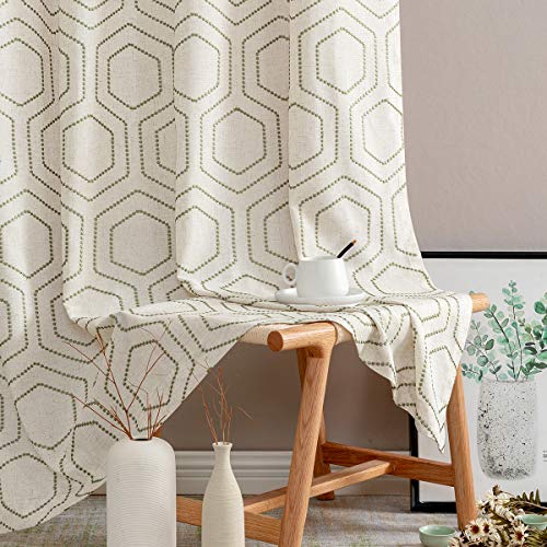 jinchan Green Window Curtains Linen Textured Curtains 84 Inch Long Honeycomb Embroidered Design Living Room Curtain Drapes Bedroom Bronze Grommet Window Treatment Set 2 Panels