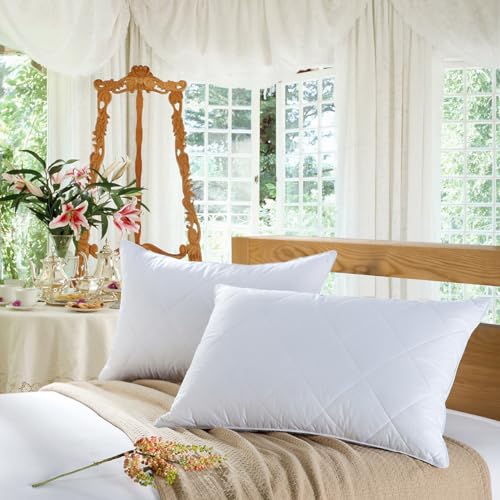 Three Geese Set of 1 White Goose Feather Bed Pillows Queen Size- Soft 600 Thread Count 100% Cotton, Medium Firm,Soft Support Surround Fill Polyester,White Solid