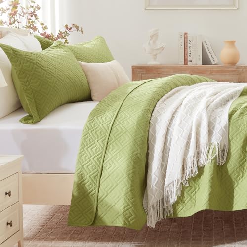 EXQ Home Quilt Set Full Queen Size Apple Green 3 Piece,Lightweight Soft Coverlet Modern Style Squares Pattern Bedspread Set(1 Quilt,2 Pillow Shams)