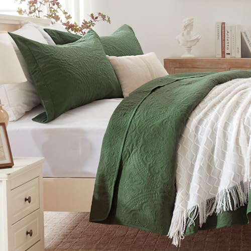 EXQ Home Quilt Set Full Queen Size Olive Green 3 Piece,Lightweight Soft Coverlet Flower Pattern Bedspread Set for All Season(1 Quilt,2 Pillow Shams)