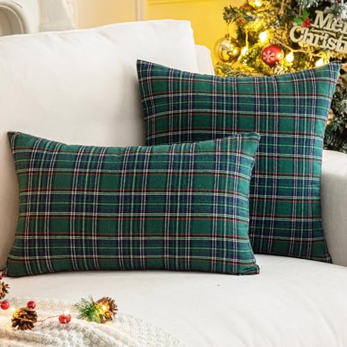 AQOTHES Pack of 2 Christmas Plaid Decorative Throw Pillow Covers Scottish Tartan Cushion Case for Farmhouse Home Holiday Decor Green and Blue, 18 x 18 Inches
