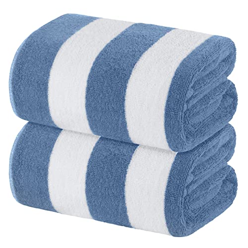 XL Cabana Stripe Cotton Beach Towel Large - Light Blue - Luxury Plush Thick Hotel Swim Pool Towels - 2 Pack