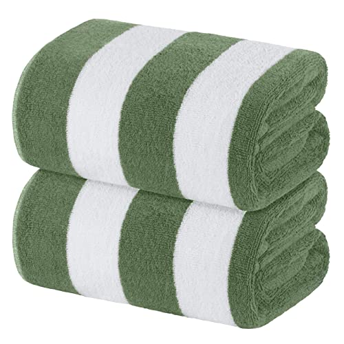 XL Cabana Stripe Cotton Beach Towel - Khaki Green - Luxury Plush Thick Hotel Swim Pool Towels - 2 Pack
