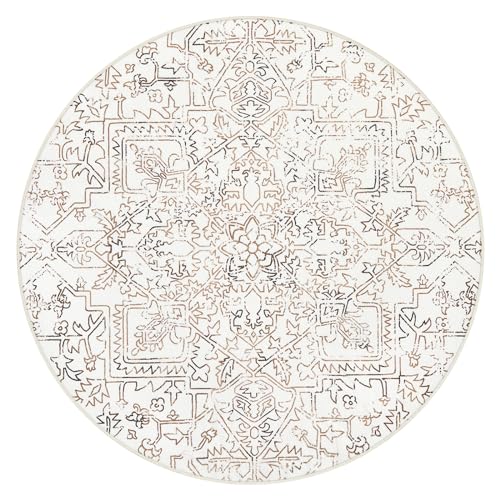 Lahome Boho Washable Circle Rug, Small Round Rugs 5ft for Living Room Farmhouse Soft Round Bedroom Kitchen Rug, Bohemian Non Slip Non-Shedding Dining Room Rugs for Under Table Office, Khaki/White