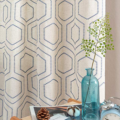 jinchan Blue Window Curtains Linen Textured Curtains 84 Inch Long Honeycomb Embroidered Design Living Room Curtain Drapes Bedroom Bronze Grommet Window Treatment Set 2 Panels
