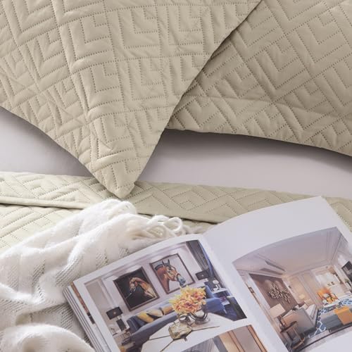 EXQ Home Quilt Set Full/Queen Size Beige 3 Piece,Lightweight Soft Coverlet Modern Style Squares Pattern Bedspread Set for All Season(1 Quilt,2 Pillow Shams)