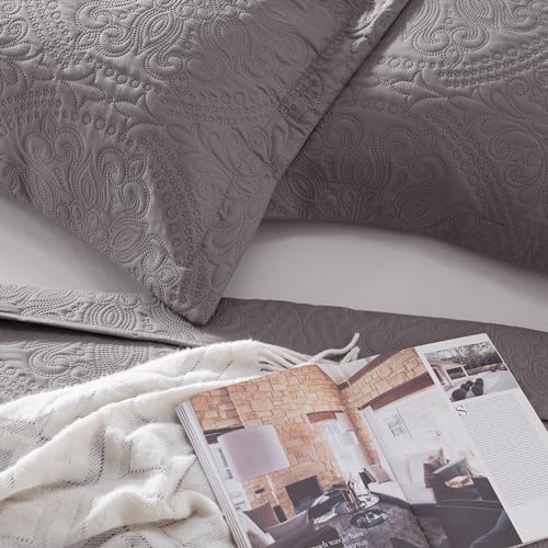 EXQ Home Quilt Set Full Queen Size Grey 3 Piece,Lightweight Soft Coverlet Flower Pattern Bedspread Set for All Season(1 Quilt,2 Pillow Shams)