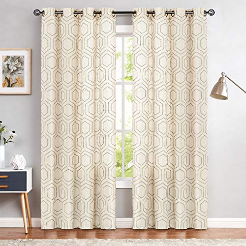 jinchan Green Window Curtains Linen Textured Curtains 84 Inch Long Honeycomb Embroidered Design Living Room Curtain Drapes Bedroom Bronze Grommet Window Treatment Set 2 Panels
