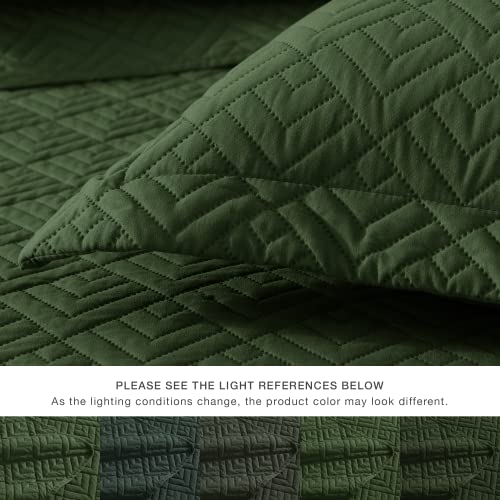 EXQ Home Quilt Set Full Queen Size Olive Green 3 Piece,Lightweight Soft Coverlet Modern Style Squares Pattern Bedspread Set(1 Quilt,2 Pillow Shams)