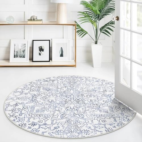 Lahome Boho Washable Circle Rug, Small Round Rugs 5ft for Living Room Farmhouse Soft Round Bedroom Kitchen Rug, Bohemian Non Slip Non-Shedding Dining Room Rugs for Under Table Office