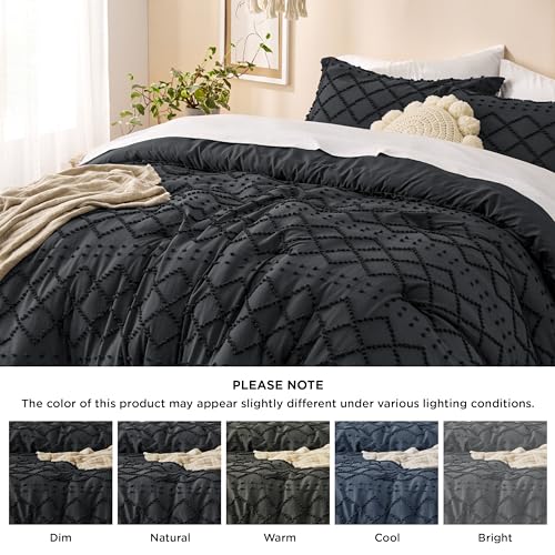 Bedsure Full Size Comforter Set - Dark Grey Comforter, Boho Tufted Shabby Chic Bedding Comforter Set, 3 Pieces Vintage Farmhouse Bed Set for All Seasons, Fluffy Soft Bedding Set with 2 Pillow Shams
