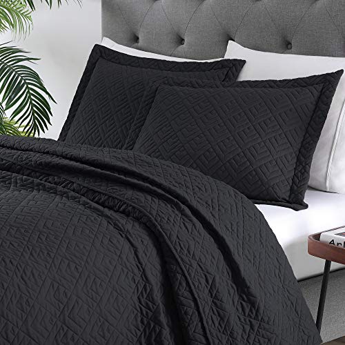 EXQ Home Quilt Set Full Queen Size Black 3 Piece,Lightweight Soft Coverlet Modern Style Squares Pattern Bedspread Set for All Season(1 Quilt,2 Pillow Shams)