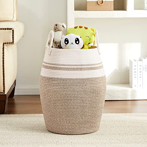 105L Extra Large Laundry Hamper Basket by Fiona's magic, Woven Tall Clothes Hamper for Storage Blanket, Toys and Dirty Cothes in Bedroom and Living Room Organizer, Brown & White