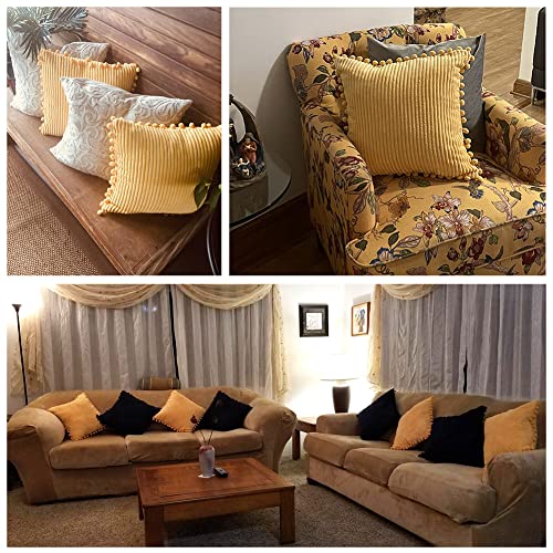 Fancy Homi Pack of 2 Yellow Accent Decorative Throw Pillow Covers with Pom-poms, Soft Corduroy Solid Square Cushion Pillow Case Set for Couch Sofa Bedroom Car Living Room (18x18 Inch/45x45 cm, Yellow)
