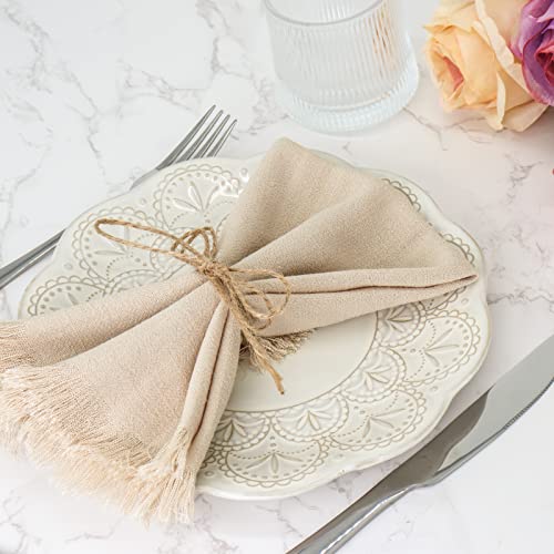 Dololoo Handmade Cloth Napkins with Fringe,18 x 18 Inches Cotton Linen Napkins Set of 4 Versatile Handmade Square Rustic Fringe Napkins for Dinner, Wedding and Parties, Beige