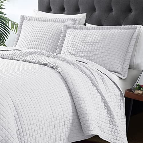 EXQ Home Quilt Set Full Queen Size White 3 Piece,Lightweight Soft Coverlet Plaid Pattern Bedspread Set for All Season(1 Quilt,2 Pillow Shams)
