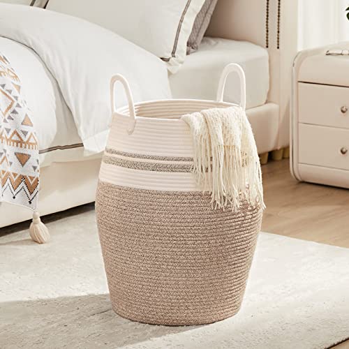 105L Extra Large Laundry Hamper Basket by Fiona's magic, Woven Tall Clothes Hamper for Storage Blanket, Toys and Dirty Cothes in Bedroom and Living Room Organizer, Brown & White