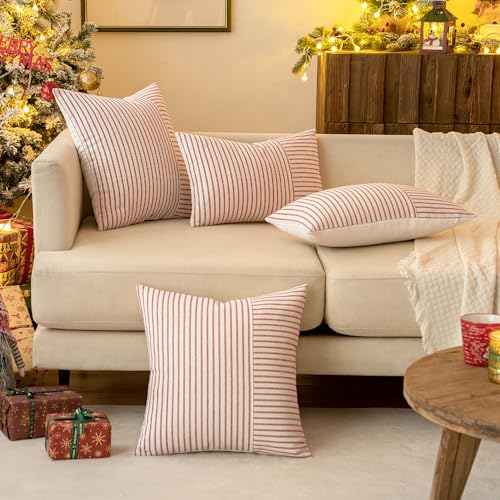 MIULEE Red and Beige Patchwork Farmhouse Pillow Covers 18x18 Inch, Pack of 2 Striped Linen Decorative Modern Accent Pillow Cases for Sofa Couch Bedroom