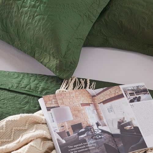 EXQ Home Quilt Set Full Queen Size Olive Green 3 Piece,Lightweight Soft Coverlet Flower Pattern Bedspread Set for All Season(1 Quilt,2 Pillow Shams)