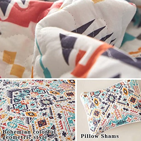 Geometric Boho Full Queen Quilt Set in Citrus and Aqua