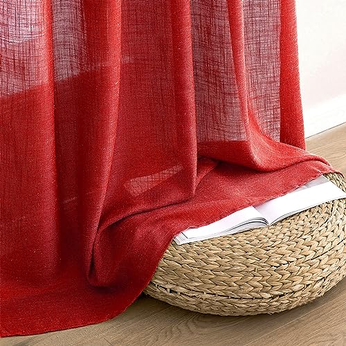 MIULEE Red Linen Curtains 84 Inch Length for Bedroom Living Room, Soft Thick Linen Textured Window Drapes Semi Sheer Light Filtering Back Tab Rod Pocket Burlap Look Christmas Decor, 2 Panels